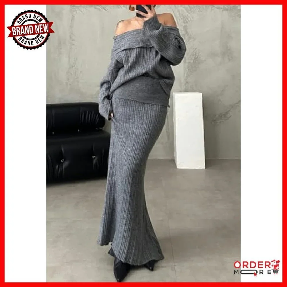 Off Shoulder Sweater & Knit Maxi Skirt Set - Stretchy Fall Outfit - Picture 4 of 8